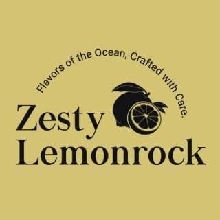 Zesty Lemonrock logo with text Flavors of the Ocean, Crafted with Care and illustration of lemon slices on mustard yellow background